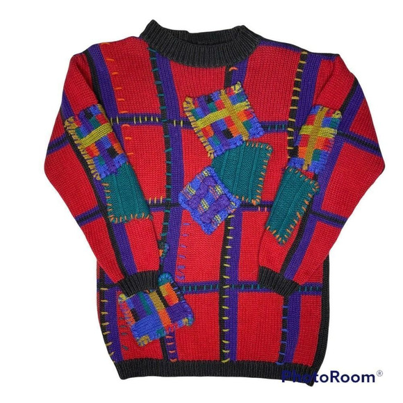 Vintage Patch Work Sweater Rebecca Stone Petite Crazy Party Textured Knit Red - Picture 2 of 5